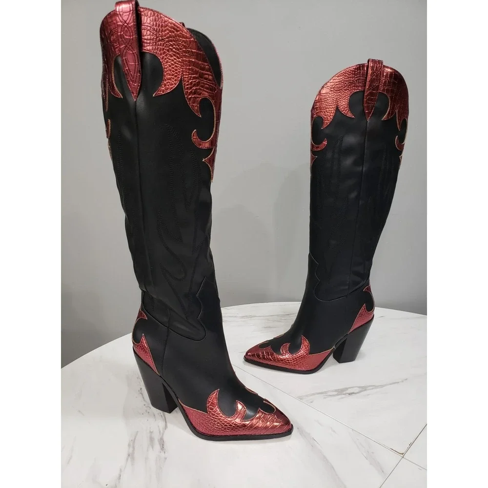 NEW SIZE 10 Jessica Simpson Womens Rhetta Flame Knee High Cowboy‎ Boots Black